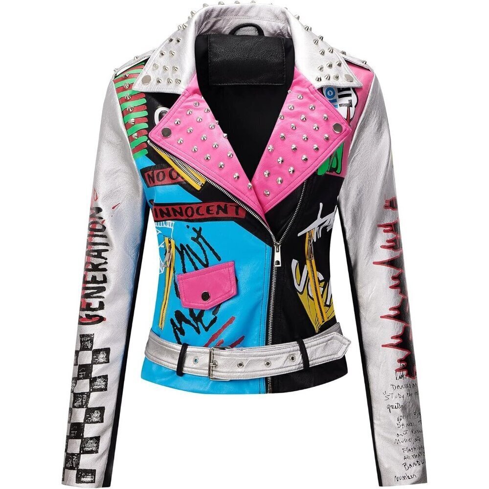 ๐ Women Silver Trendy Faux Leather Jacket Rivet Spring Winter Fashion Clothes
